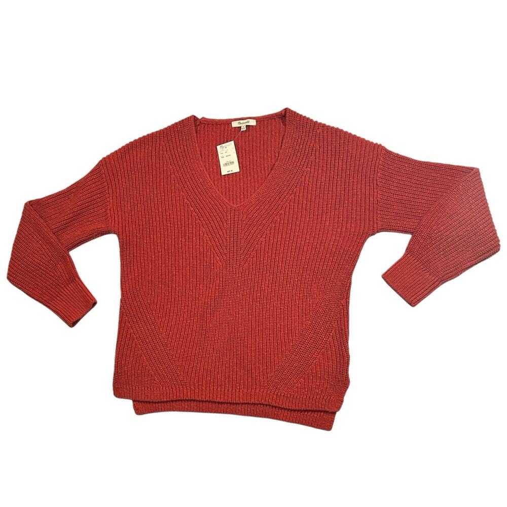 NWT Madewell Sz M Orange Ridgeton Pullover Textured Sweater Cotton Knit V-neck